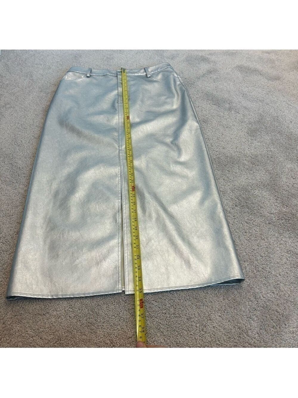 WAYF metallic silver faux leather high waisted midi pencil skirt front slit M - Picture 11 of 14